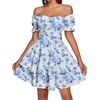 image:imageLYANER Womens Tie Back Off Shoulder Wrap Layer Ruffle A Line Short Sleeve Casual Mini DressBlue White Print