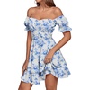 image:imageLYANER Womens Tie Back Off Shoulder Wrap Layer Ruffle A Line Short Sleeve Casual Mini DressBlue White Print