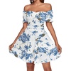 image:imageLYANER Womens Tie Back Off Shoulder Wrap Layer Ruffle A Line Short Sleeve Casual Mini DressDeep Blue Floral Print