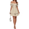 image:imageLYANER Womens Tie Back Off Shoulder Wrap Layer Ruffle A Line Short Sleeve Casual Mini DressKhaki Print