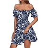 image:imageLYANER Womens Tie Back Off Shoulder Wrap Layer Ruffle A Line Short Sleeve Casual Mini DressNavy Blue Floral Print