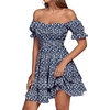 image:imageLYANER Womens Tie Back Off Shoulder Wrap Layer Ruffle A Line Short Sleeve Casual Mini DressNavy Blue Print