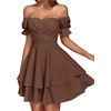 image:imageLYANER Womens Tie Back Off Shoulder Wrap Layer Ruffle A Line Short Sleeve Casual Mini DressPlain Dark Brown