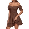 image:imageLYANER Womens Tie Back Off Shoulder Wrap Layer Ruffle A Line Short Sleeve Casual Mini DressPlain Dark Brown