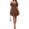 image:imageLYANER Womens Tie Back Off Shoulder Wrap Layer Ruffle A Line Short Sleeve Casual Mini DressPlain Dark Brown