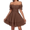 image:imageLYANER Womens Tie Back Off Shoulder Wrap Layer Ruffle A Line Short Sleeve Casual Mini DressPlain Dark Brown