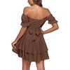 image:imageLYANER Womens Tie Back Off Shoulder Wrap Layer Ruffle A Line Short Sleeve Casual Mini DressPlain Dark Brown
