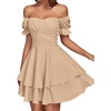 image:imageLYANER Womens Tie Back Off Shoulder Wrap Layer Ruffle A Line Short Sleeve Casual Mini DressPlain Khaki
