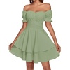 image:imageLYANER Womens Tie Back Off Shoulder Wrap Layer Ruffle A Line Short Sleeve Casual Mini DressPlain Light Green