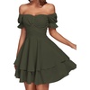 image:imageLYANER Womens Tie Back Off Shoulder Wrap Layer Ruffle A Line Short Sleeve Casual Mini DressPure Army Green