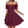 image:imageLYANER Womens Tie Back Off Shoulder Wrap Layer Ruffle A Line Short Sleeve Casual Mini DressPure Dark Red