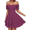 image:imageLYANER Womens Tie Back Off Shoulder Wrap Layer Ruffle A Line Short Sleeve Casual Mini DressPurplish Red