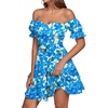 image:imageLYANER Womens Tie Back Off Shoulder Wrap Layer Ruffle A Line Short Sleeve Casual Mini DressRoyal Blue Floral Print