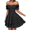 image:imageLYANER Womens Tie Back Off Shoulder Wrap Layer Ruffle A Line Short Sleeve Casual Mini DressSolid Black