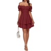 image:imageLYANER Womens Tie Back Off Shoulder Wrap Layer Ruffle A Line Short Sleeve Casual Mini DressSolid Dark Red
