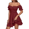 image:imageLYANER Womens Tie Back Off Shoulder Wrap Layer Ruffle A Line Short Sleeve Casual Mini DressSolid Dark Red