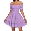image:imageLYANER Womens Tie Back Off Shoulder Wrap Layer Ruffle A Line Short Sleeve Casual Mini DressSolid Light Purple
