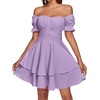 image:imageLYANER Womens Tie Back Off Shoulder Wrap Layer Ruffle A Line Short Sleeve Casual Mini DressSolid Lilac
