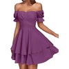 image:imageLYANER Womens Tie Back Off Shoulder Wrap Layer Ruffle A Line Short Sleeve Casual Mini DressSolid Purple