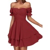 image:imageLYANER Womens Tie Back Off Shoulder Wrap Layer Ruffle A Line Short Sleeve Casual Mini DressSolid Wine Red