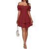 image:imageLYANER Womens Tie Back Off Shoulder Wrap Layer Ruffle A Line Short Sleeve Casual Mini DressSolid Wine Red