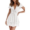 image:imageLYANER Womens V Neck Tie Front Ruffle Layer Hem Short Sleeve Mini Dress White Small