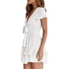 image:imageLYANER Womens V Neck Tie Front Ruffle Layer Hem Short Sleeve Mini Dress White Small