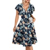 image:imageLYANER Womens Warp V Neck Ruffle Short Sleeve A Line Swing Flared Cocktail Party Midi DressFloral Dark Blue