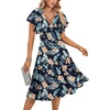 image:imageLYANER Womens Warp V Neck Ruffle Short Sleeve A Line Swing Flared Cocktail Party Midi DressFloral Dark Blue
