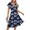 image:imageLYANER Womens Warp V Neck Ruffle Short Sleeve A Line Swing Flared Cocktail Party Midi DressFloral Navy Blue