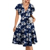 image:imageLYANER Womens Warp V Neck Ruffle Short Sleeve A Line Swing Flared Cocktail Party Midi DressFloral Navy Blue