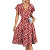 image:imageLYANER Womens Warp V Neck Ruffle Short Sleeve A Line Swing Flared Cocktail Party Midi DressFloral Wine Red