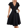 image:imageLYANER Womens Warp V Neck Ruffle Short Sleeve A Line Swing Flared Cocktail Party Midi DressPure Black