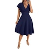 image:imageLYANER Womens Warp V Neck Ruffle Short Sleeve A Line Swing Flared Cocktail Party Midi DressPure Dark Blue