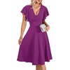 image:imageLYANER Womens Warp V Neck Ruffle Short Sleeve A Line Swing Flared Cocktail Party Midi DressPure Dark Purple