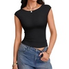 image:imageLYANER Womens Boat Neck Cap Sleeve Slim Fit Going Out Top Summer Casual Trendy Basic Tee ShirtsBlack