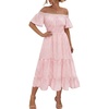 image:imageLYANER Womens Cotton Gingham Plaid Off Shoulder Short Sleeve Tiered Smocked Beach Midi SundressPink