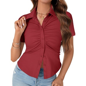 image:imageLYANER Womens Collar V Neck Button Slim Fitted Blouse Ribbed Knit Short Sleeve Shirt Going Out TopBurgundy