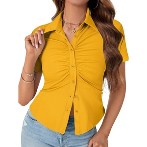 image:imageLYANER Womens Collar V Neck Button Slim Fitted Blouse Ribbed Knit Short Sleeve Shirt Going Out TopGinger