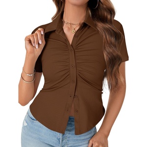 image:imageLYANER Womens Collar V Neck Button Slim Fitted Blouse Ribbed Knit Short Sleeve Shirt Going Out TopLight Brown