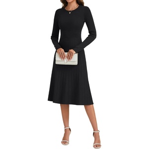 image:imageLYANER Womens Pleated Ruffle Ribbed Knit A Line Long Sleeve Elegant Midi Sweater Dress Black Small