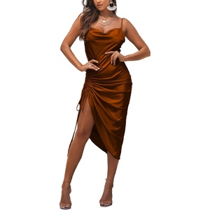 image:imageLYANER Womens Satin Spaghetti Straps Cowl Neck Sexy Ruch Cocktail Midi DressesBrown