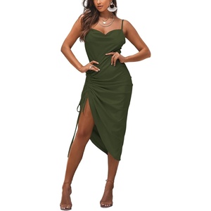 image:imageLYANER Womens Satin Spaghetti Straps Cowl Neck Sexy Ruch Cocktail Midi DressesGarden Green