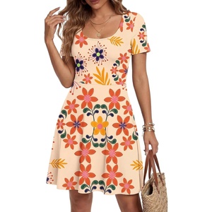 image:imageLYANER Womens Scoop Neck Short Sleeve Skater Dress Casual Ruffle A Line Fit and Flare Mini DressesDark Beige