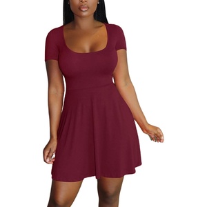 image:imageLYANER Womens Scoop Neck Short Sleeve Skater Dress Casual Ruffle A Line Fit and Flare Mini DressesWine Red