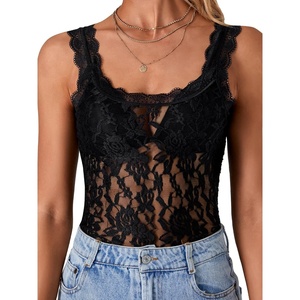 image:imageLYANER Womens Sexy Floral Lace Tops Scallop Strap Sleeveless See Through Sheer Tank Top Cami ShirtBlack