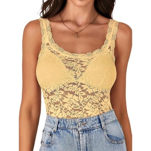 image:imageLYANER Womens Sexy Floral Lace Tops Scallop Strap Sleeveless See Through Sheer Tank Top Cami ShirtLight Yellow