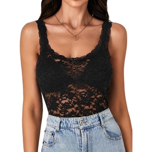 image:imageLYANER Womens Sexy Floral Lace Tops Scallop Strap Sleeveless See Through Sheer Tank Top Cami ShirtSolid Black