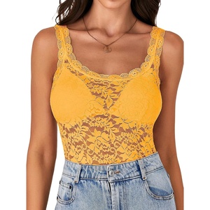 image:imageLYANER Womens Sexy Floral Lace Tops Scallop Strap Sleeveless See Through Sheer Tank Top Cami ShirtYellow