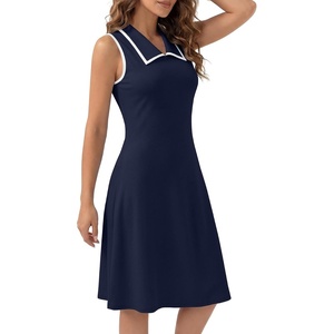 image:imageLYANER Womens Sleeveless Collared Dress Color Block A Line Flare Casual Midi DressesNavy Blue
